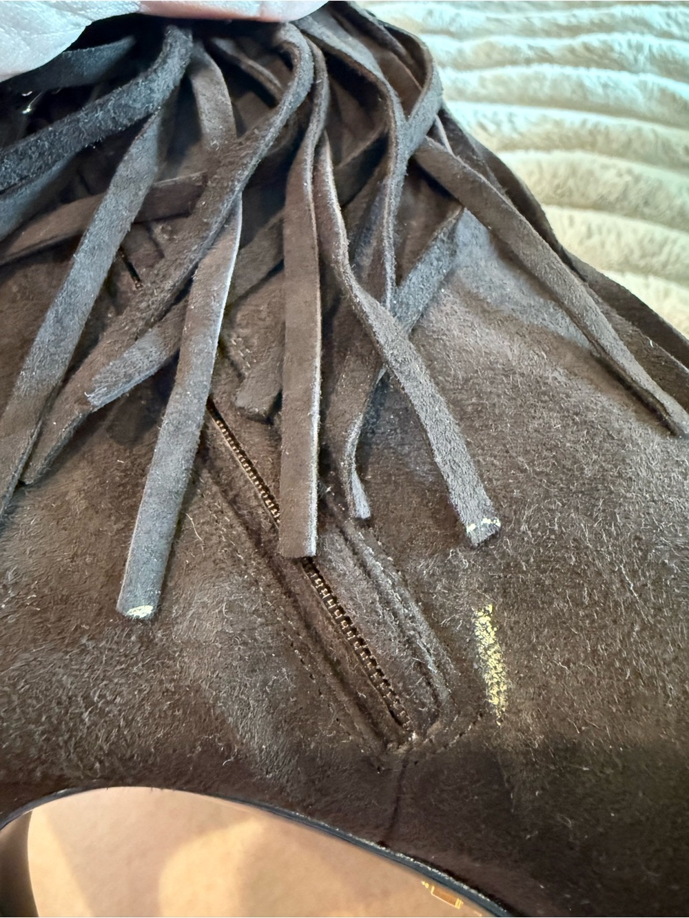 AUTHENTIC Prada chocolate brownSuede Fringe Peep-Toe Stiletto Ankle Boots - Picture 3 of 8
